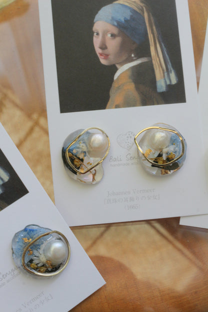 Vermeer's Inspired Flower & Pearl Earrings  No.1 イヤリング Clip-on 真珠の耳飾りの少女