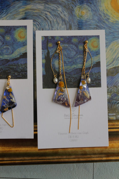 Gogh The Starry Night Inspired Triangular Floral Earrings-星月夜