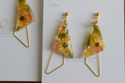 Claude Monet Sunflower Inspired Triangular Floral Earrings - ひまわり No.3