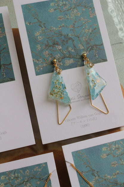 Gogh Almond Tree in Blossom Inspired Triangular Floral Earrings-アーモンドの花