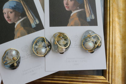 Vermeer's Inspired Flower & Pearl Earrings  No.7イヤリング Clip-on 真珠の耳飾りの少女