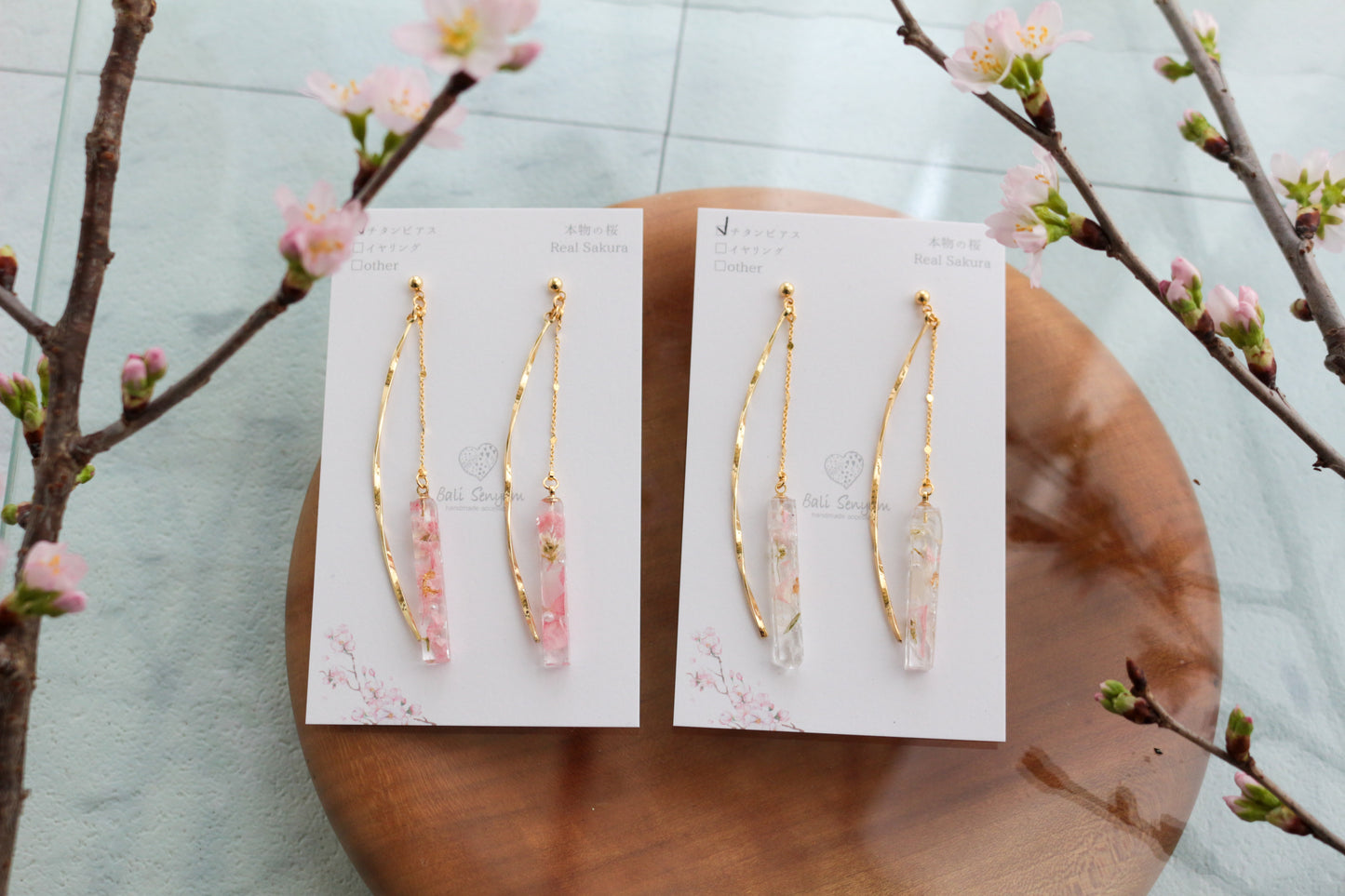 Dangling Sakura Flower Stick 2 Earrings with Pearl