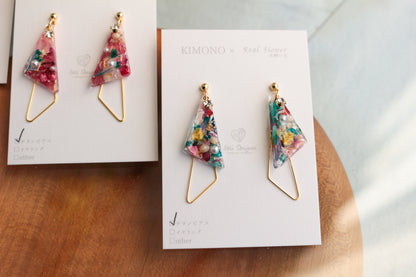 Triangular Floral Earrings - KIMONO Art Jewelry No.3 ピアス or イヤリング
