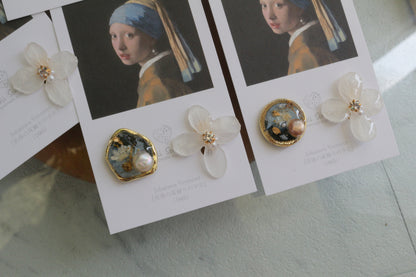 Vermeer's Inspired Flower and Medallion No.5 イヤリング Clip-on 真珠の耳飾りの少女