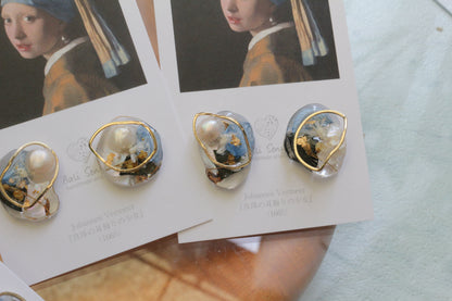 Vermeer's Inspired Flower & Pearl Earrings  No.1 イヤリング Clip-on 真珠の耳飾りの少女