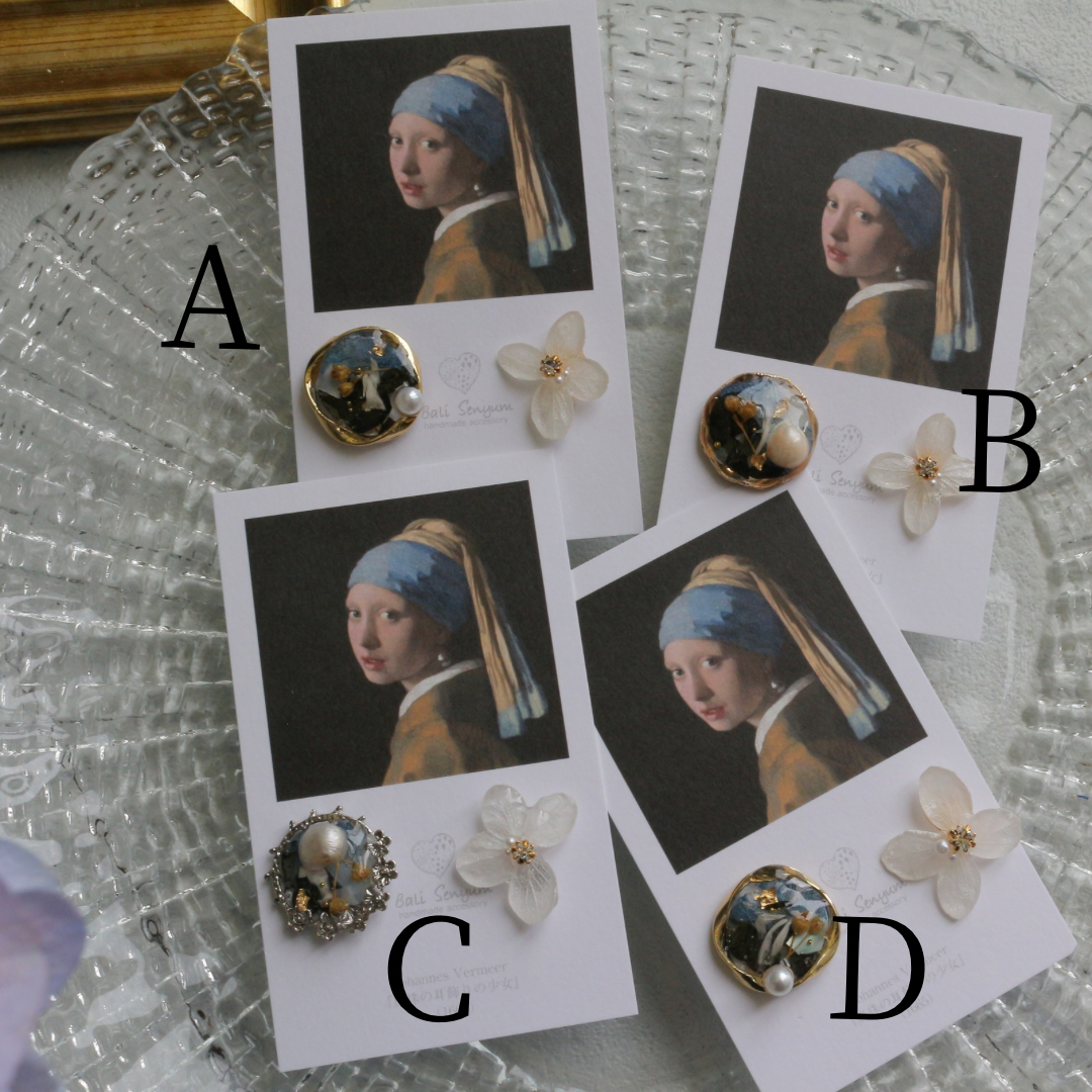 Vermeer's Inspired Flower and Medallion No.2 イヤリング Clip-on 真珠の耳飾りの少女