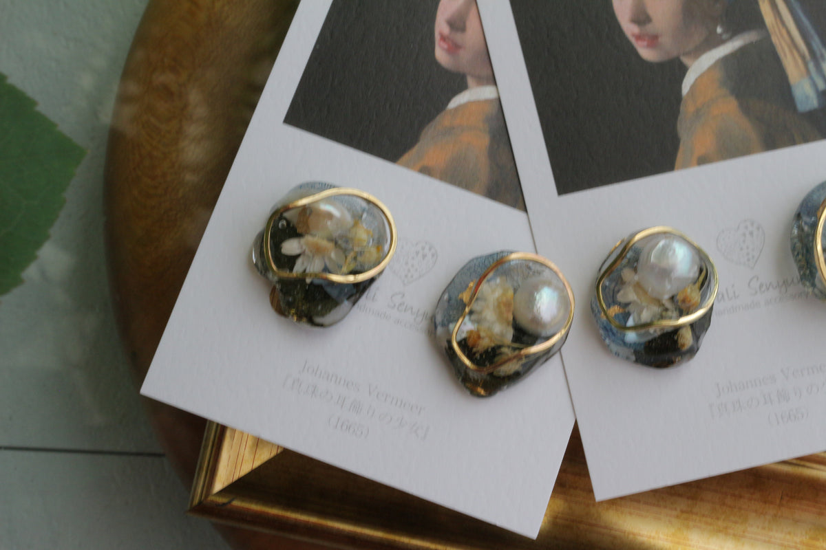 Vermeer's Inspired Flower & Pearl Earrings  No.7イヤリング Clip-on 真珠の耳飾りの少女
