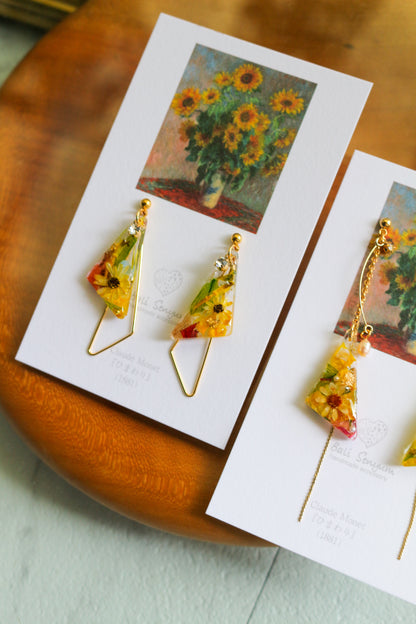 Claude Monet Sunflowers Inspired Triangular Floral Earrings-ひまわり