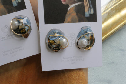 Vermeer's Inspired Flower & Pearl Earrings  No.3 イヤリング Clip-on 真珠の耳飾りの少女