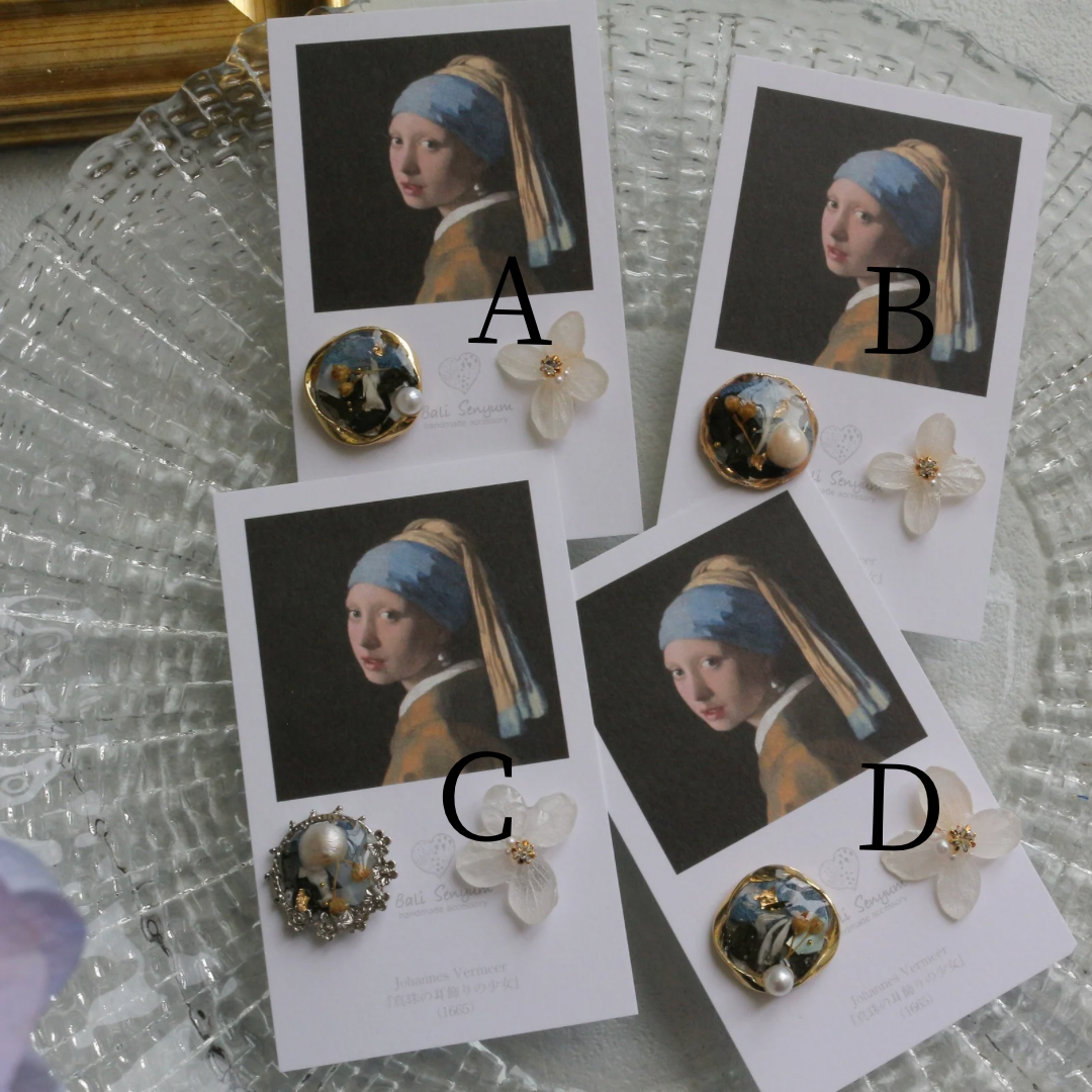 Vermeer's Inspired Flower and Medallion No.2 イヤリング Clip-on 真珠の耳飾りの少女