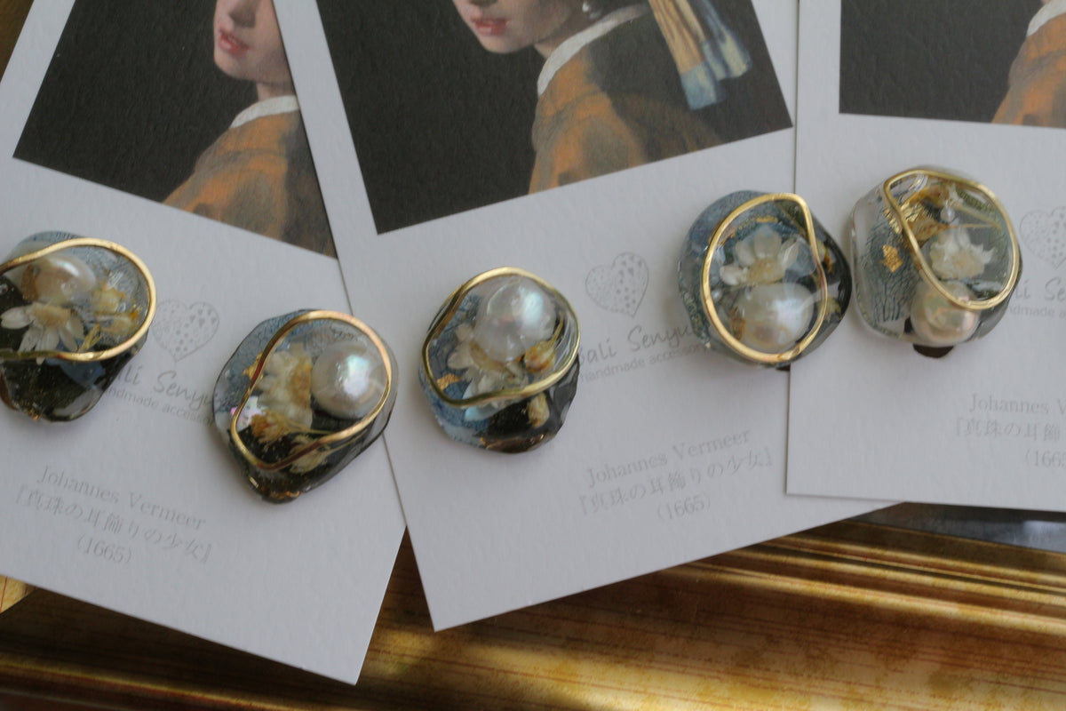 Vermeer's Inspired Flower & Pearl Earrings  No.7イヤリング Clip-on 真珠の耳飾りの少女