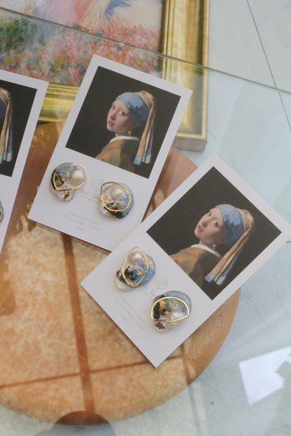 Vermeer's Inspired Flower & Pearl Earrings  No.1 イヤリング Clip-on 真珠の耳飾りの少女