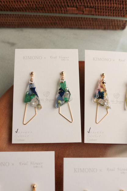 Triangular Floral Earrings - KIMONO Art Jewelry No.2 ピアス or イヤリング