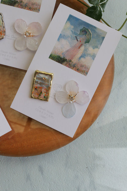 Monet Inspired Flower Earrings No.16 ピアスTitanium Pierce 日傘をさす女性
