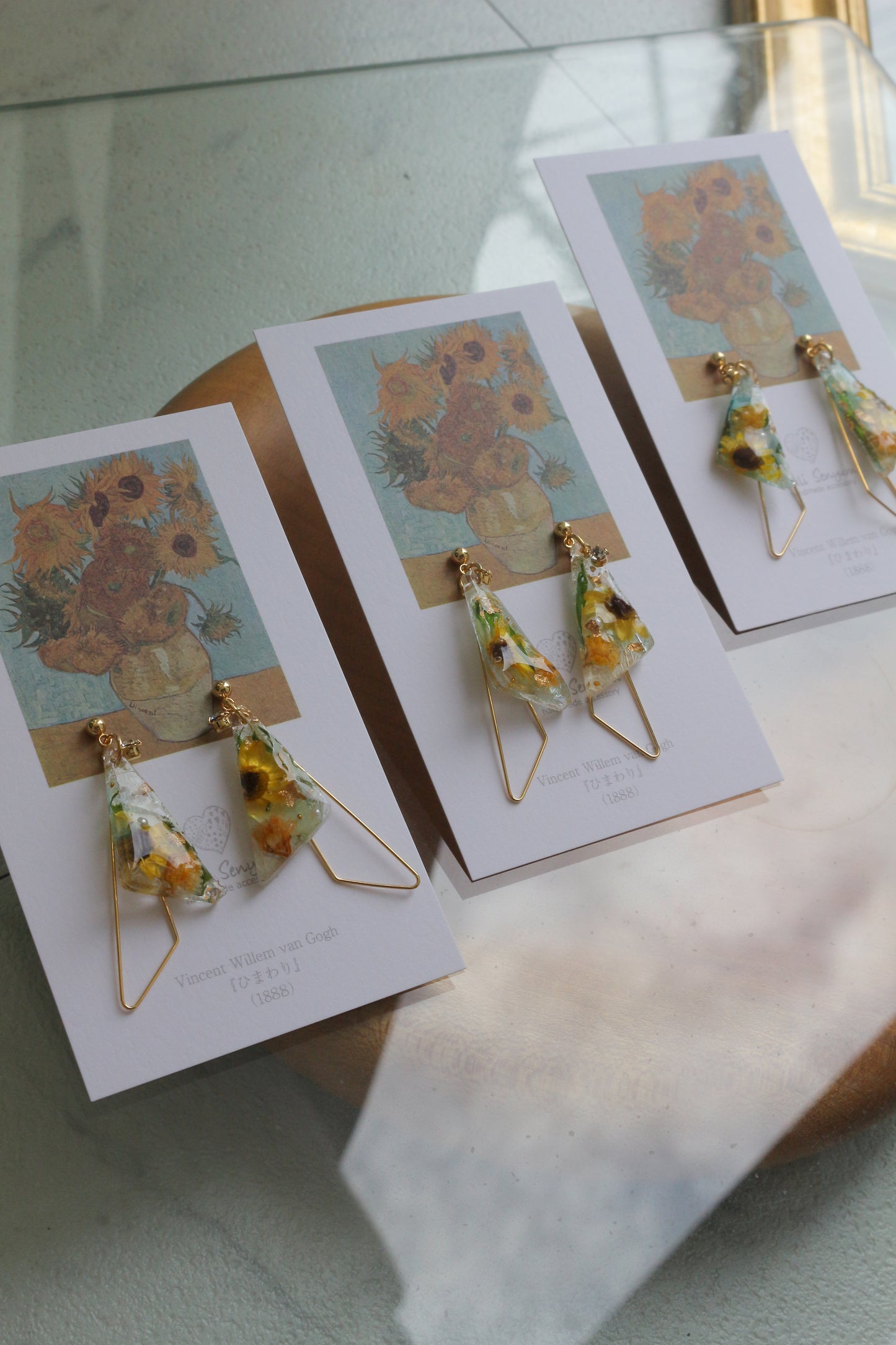 Gogh Inspired Triangular Floral Earrings-ひまわり