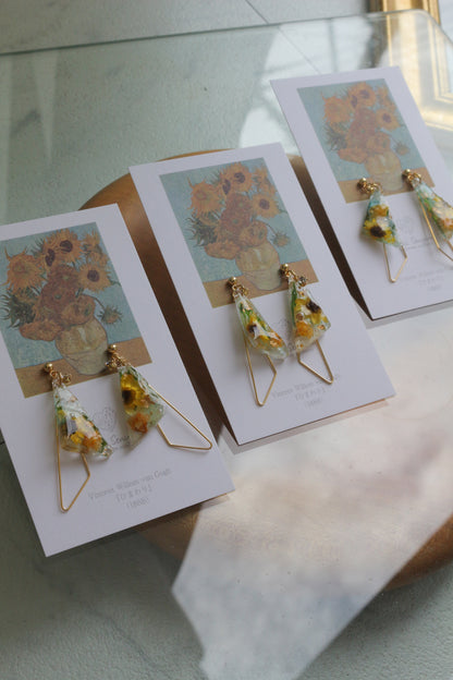 Gogh Inspired Triangular Floral Earrings-ひまわり