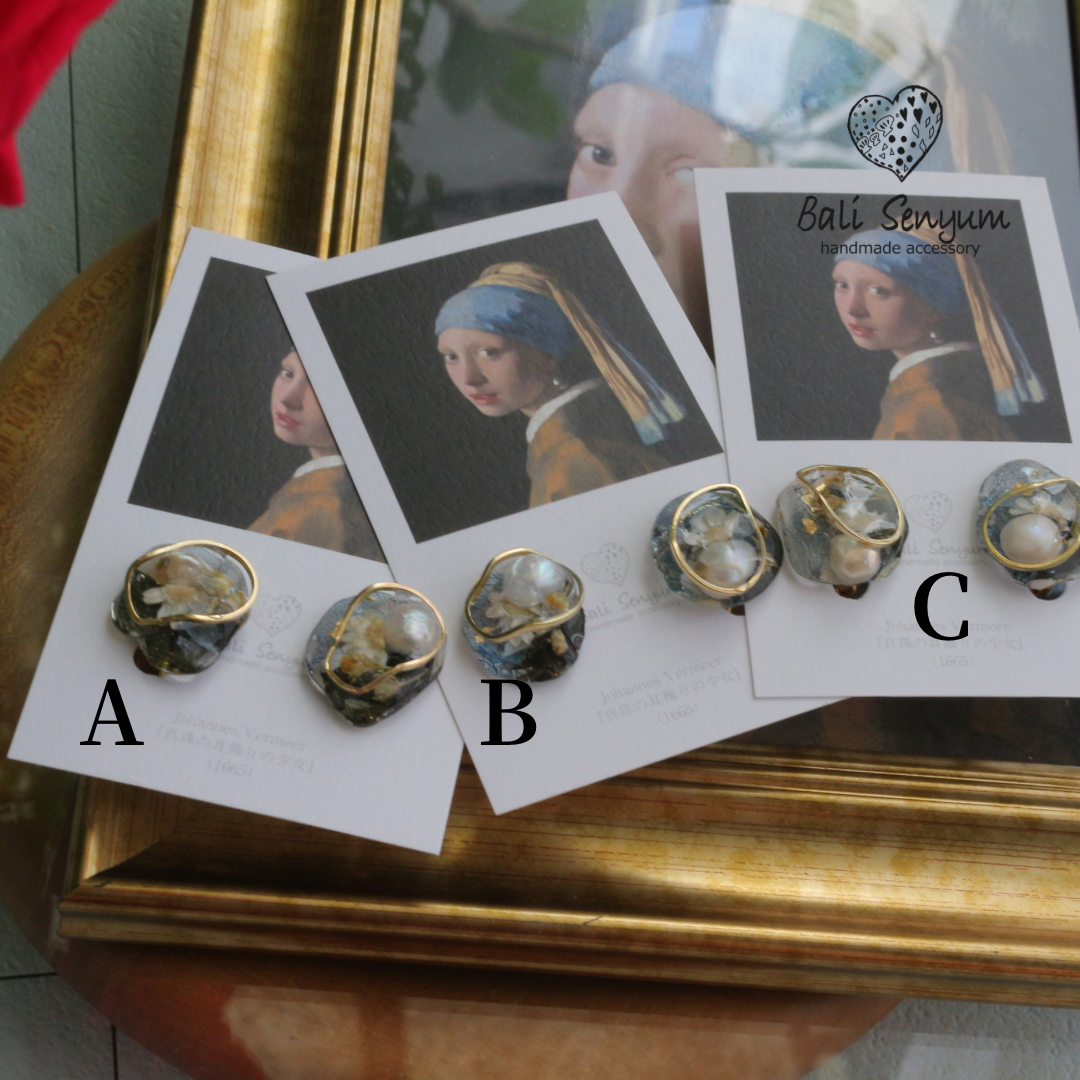 Vermeer's Inspired Flower & Pearl Earrings  No.7イヤリング Clip-on 真珠の耳飾りの少女