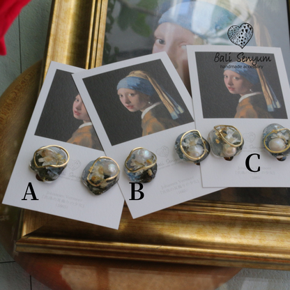 Vermeer's Inspired Flower & Pearl Earrings  No.7イヤリング Clip-on 真珠の耳飾りの少女