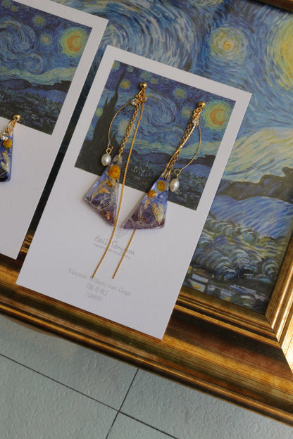 Gogh The Starry Night Inspired Triangular Floral Earrings-星月夜
