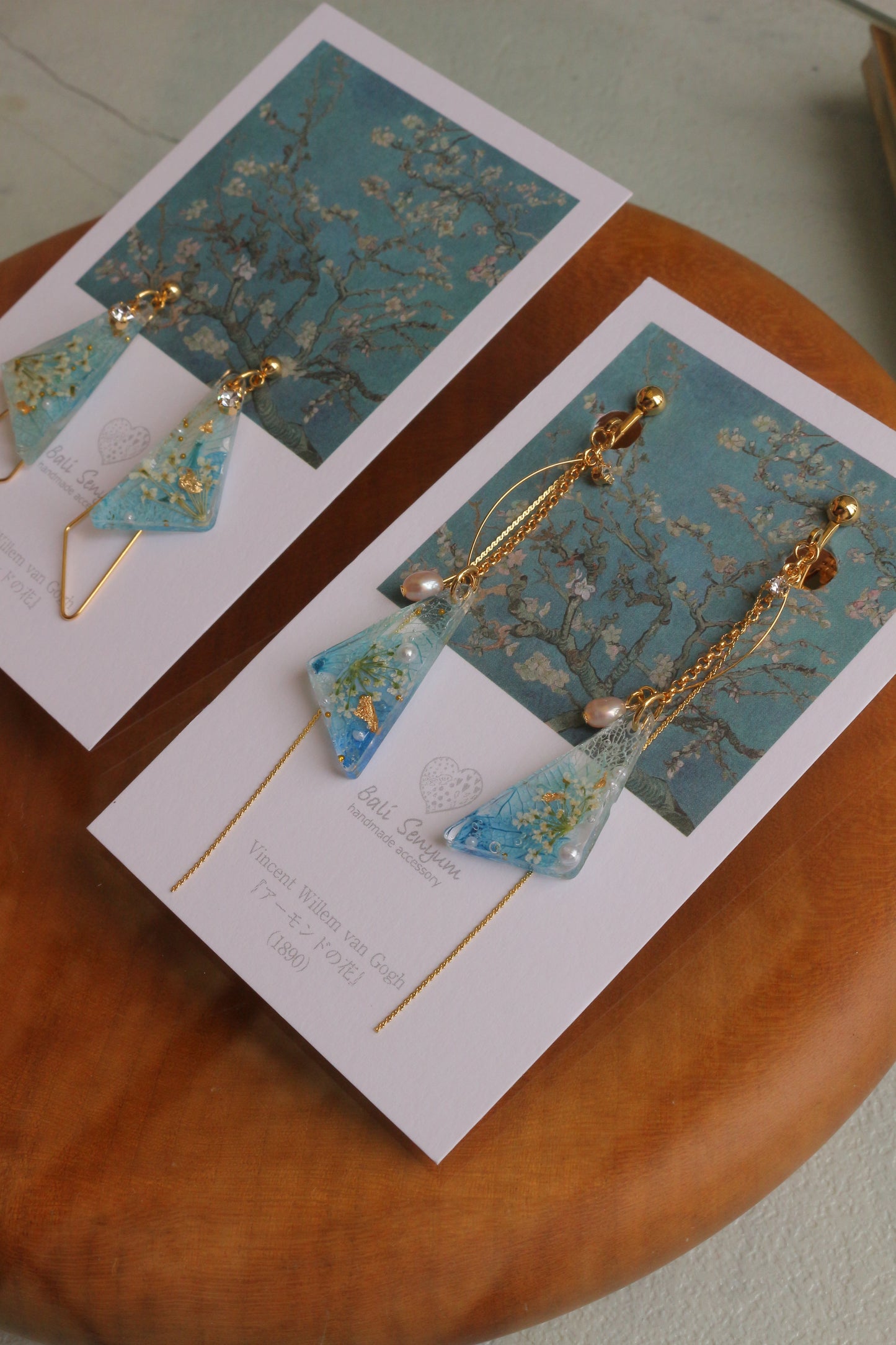 Gogh Almond Tree in Blossom Inspired Triangular Floral Earrings-アーモンドの花