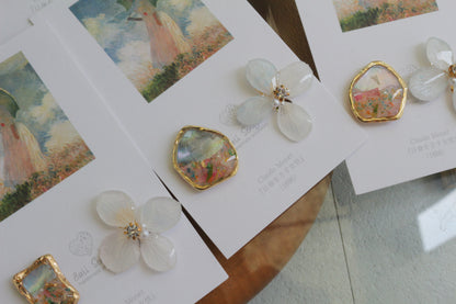 Monet Inspired Flower Earrings No.20 イヤリングClip-on 日傘をさす女性
