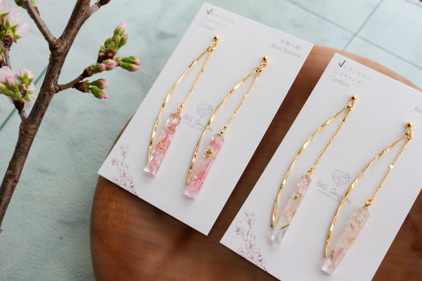 Dangling Sakura Flower Stick 2 Earrings with Pearl