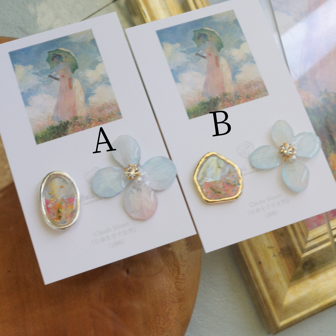 Monet Inspired Flower Earrings No.18 イヤリングClip-on 日傘をさす女性