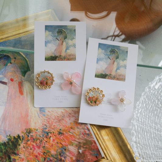 Monet Inspired Flower Earrings No.11 イヤリングClip-on 日傘をさす女性