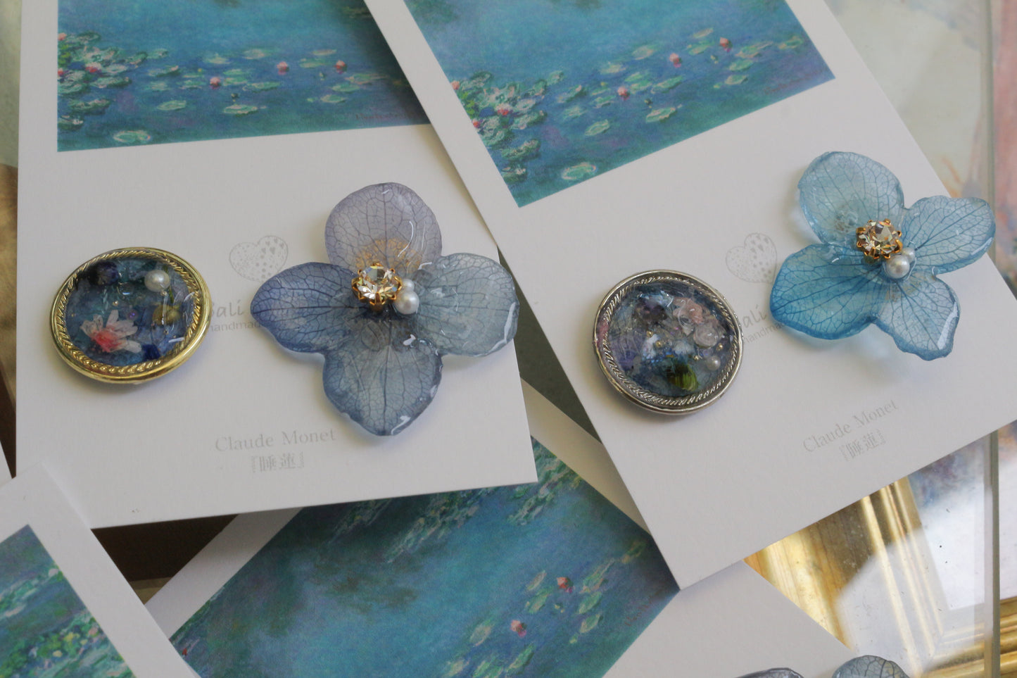 Monet's Water Lilies Inspired Flower and Medallion No.39 イヤリング Clip-on 睡蓮