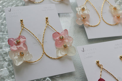 Teardrop Hoop Earrings with Hydrangeas No.22 ピアスorイヤリング