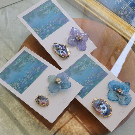 Monet's Water Lilies Inspired Flower and Medallion No.37 イヤリング Clip-on 睡蓮