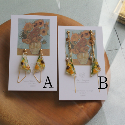 Gogh Inspired Triangular Floral Earrings-ひまわり