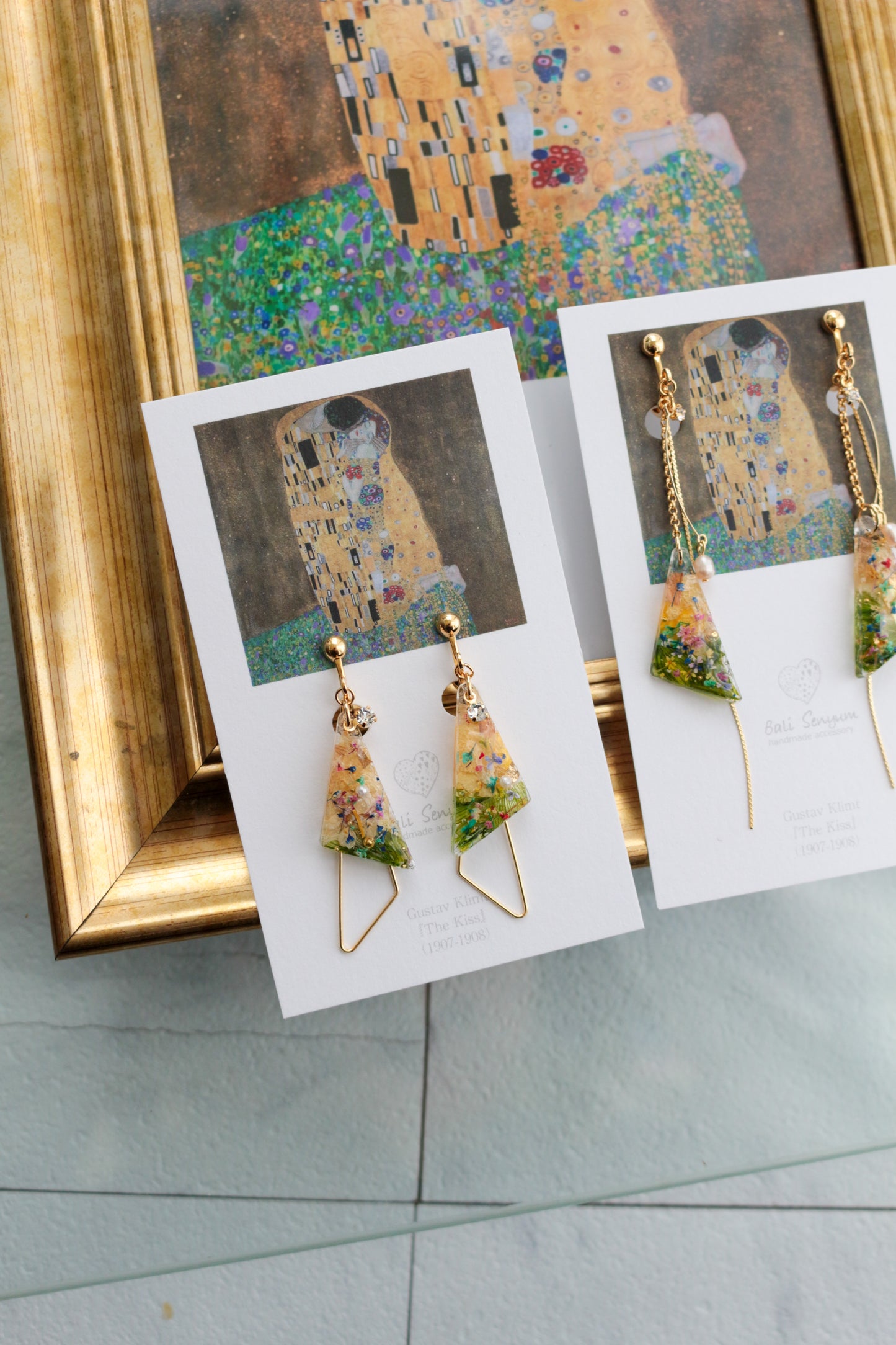 Gustav Klimt Inspired Triangular Floral Earrings - Kiss