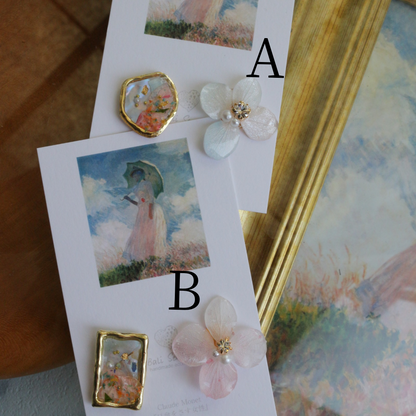 Monet Inspired Flower Earrings No.14 ピアスTitanium Pierce 日傘をさす女性