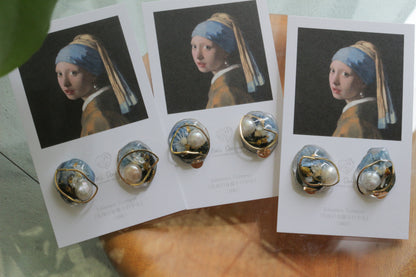 Vermeer's Inspired Flower & Pearl Earrings  No.3 イヤリング Clip-on 真珠の耳飾りの少女