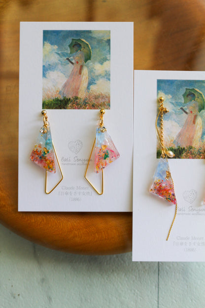 Claude Monet Woman with a Parasol Inspired Triangular Floral Earrings-散歩（日傘をさす女性）
