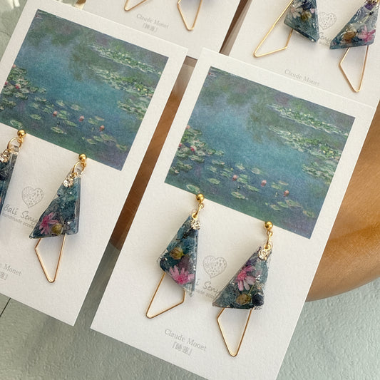 Claude Monet Water Lilies Inspired Triangular Floral Earrings -  No.31