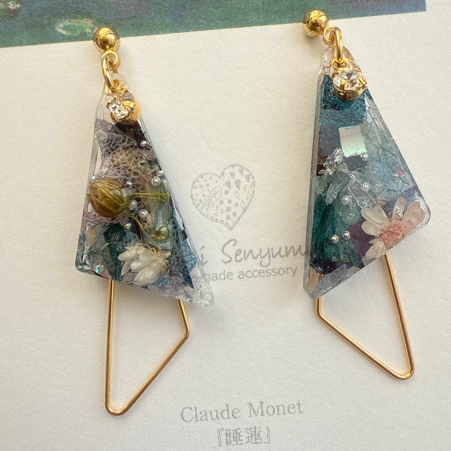 Claude Monet Water Lilies Inspired Triangular Floral Earrings -  No.34