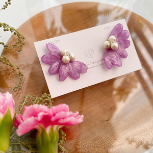 Purple Flower with Japanese Cotton Pearl Earrings -  Titanium Pierce