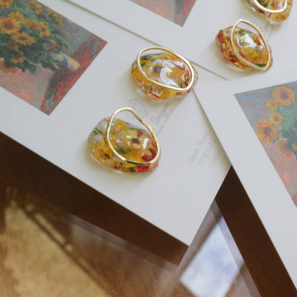 Monet Inspired Flower Medallion Earrings No.2 ピアスTitanium Pierce ひまわり