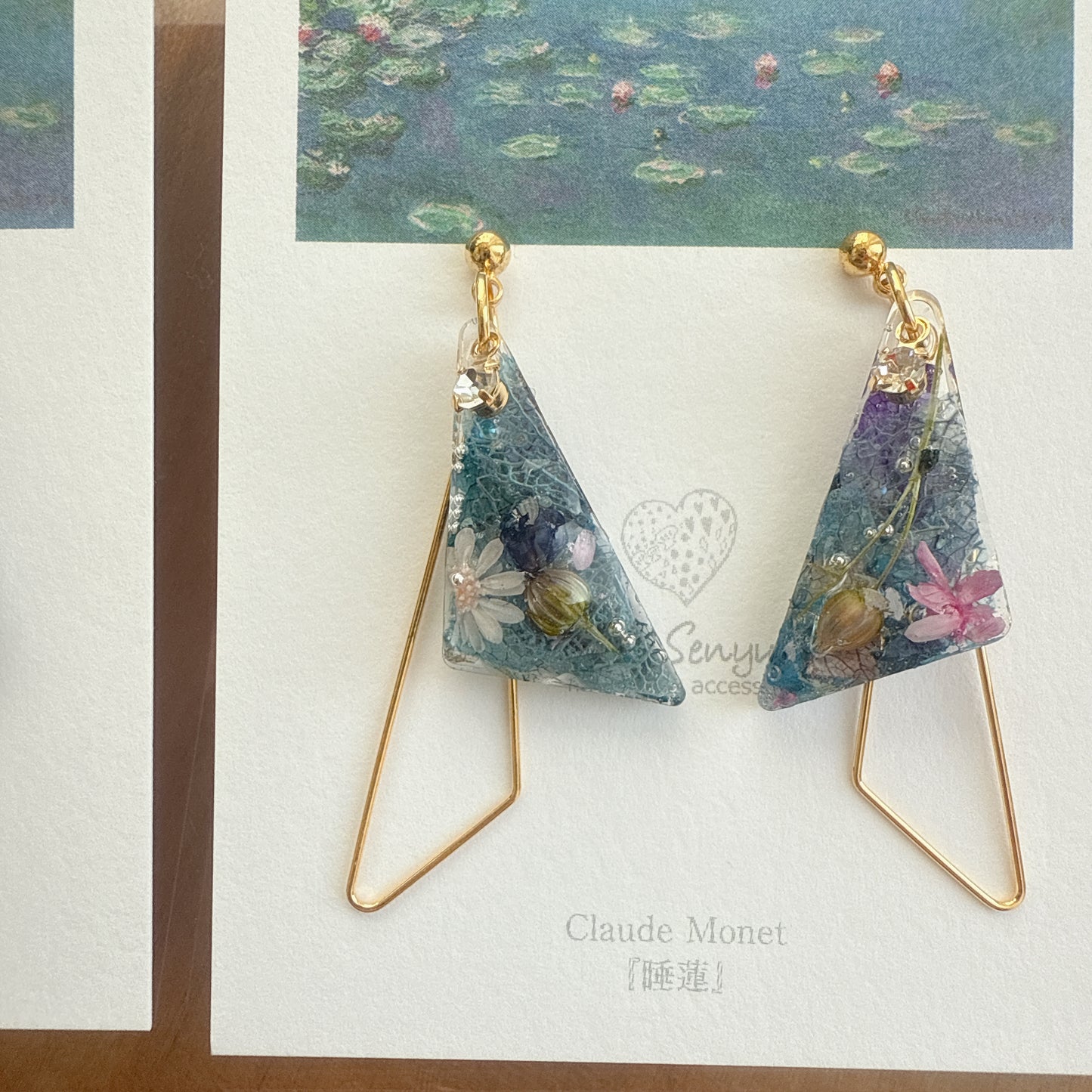 Claude Monet Water Lilies Inspired Triangular Floral Earrings -  No.31