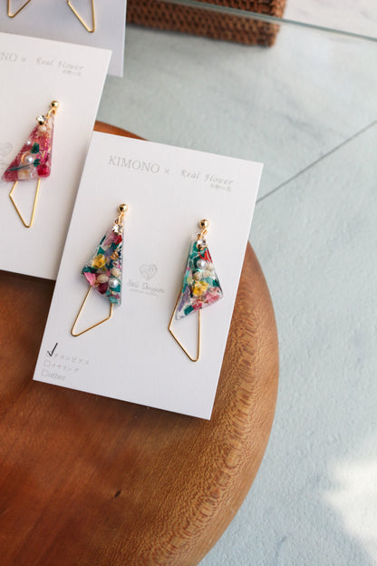 Triangular Floral Earrings - KIMONO Art Jewelry No.3 ピアス or イヤリング