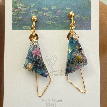 Claude Monet Water Lilies Inspired Triangular Floral Earrings -  No.32