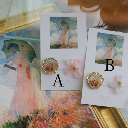 Monet Inspired Flower Earrings No.11 イヤリングClip-on 日傘をさす女性