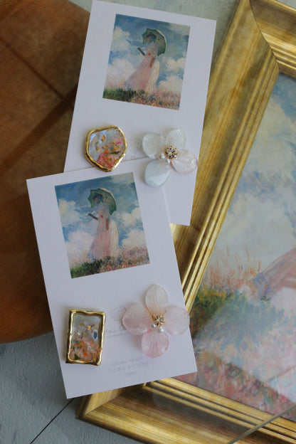 Monet Inspired Flower Earrings No.14 ピアスTitanium Pierce 日傘をさす女性
