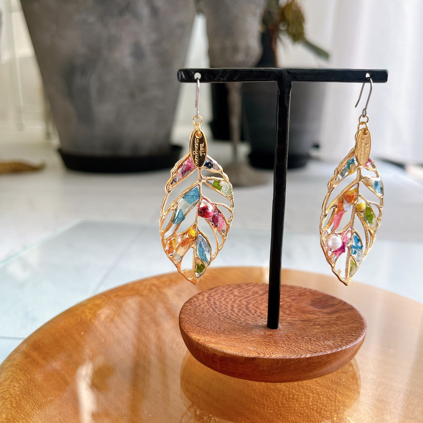 Leaf Earrings With Seasonal Flower Petals