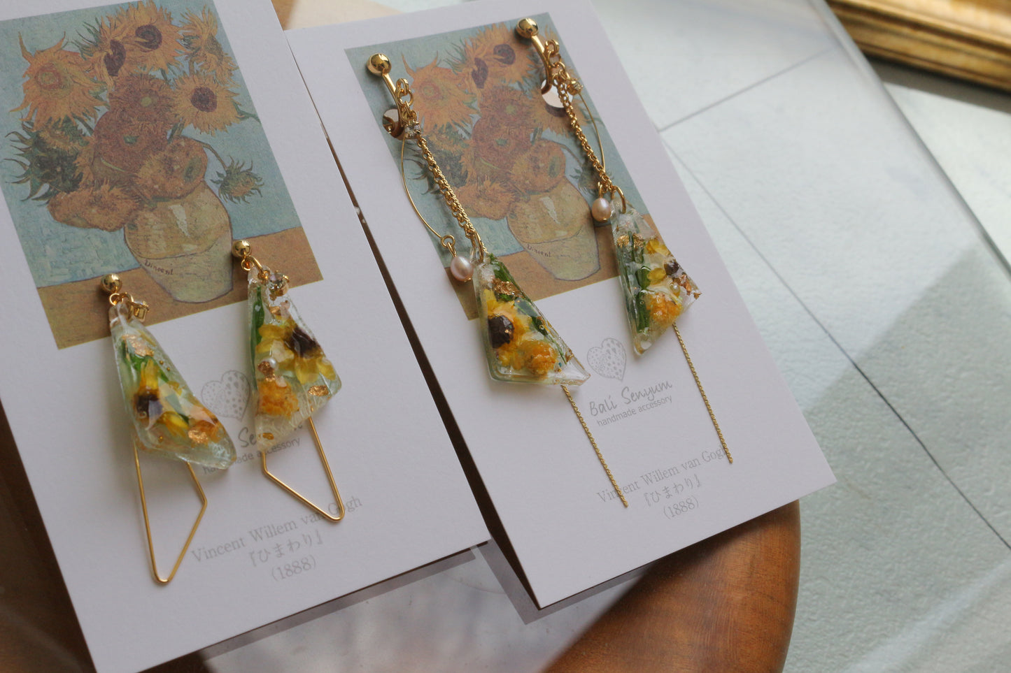Gogh Inspired Triangular Floral Earrings-ひまわり