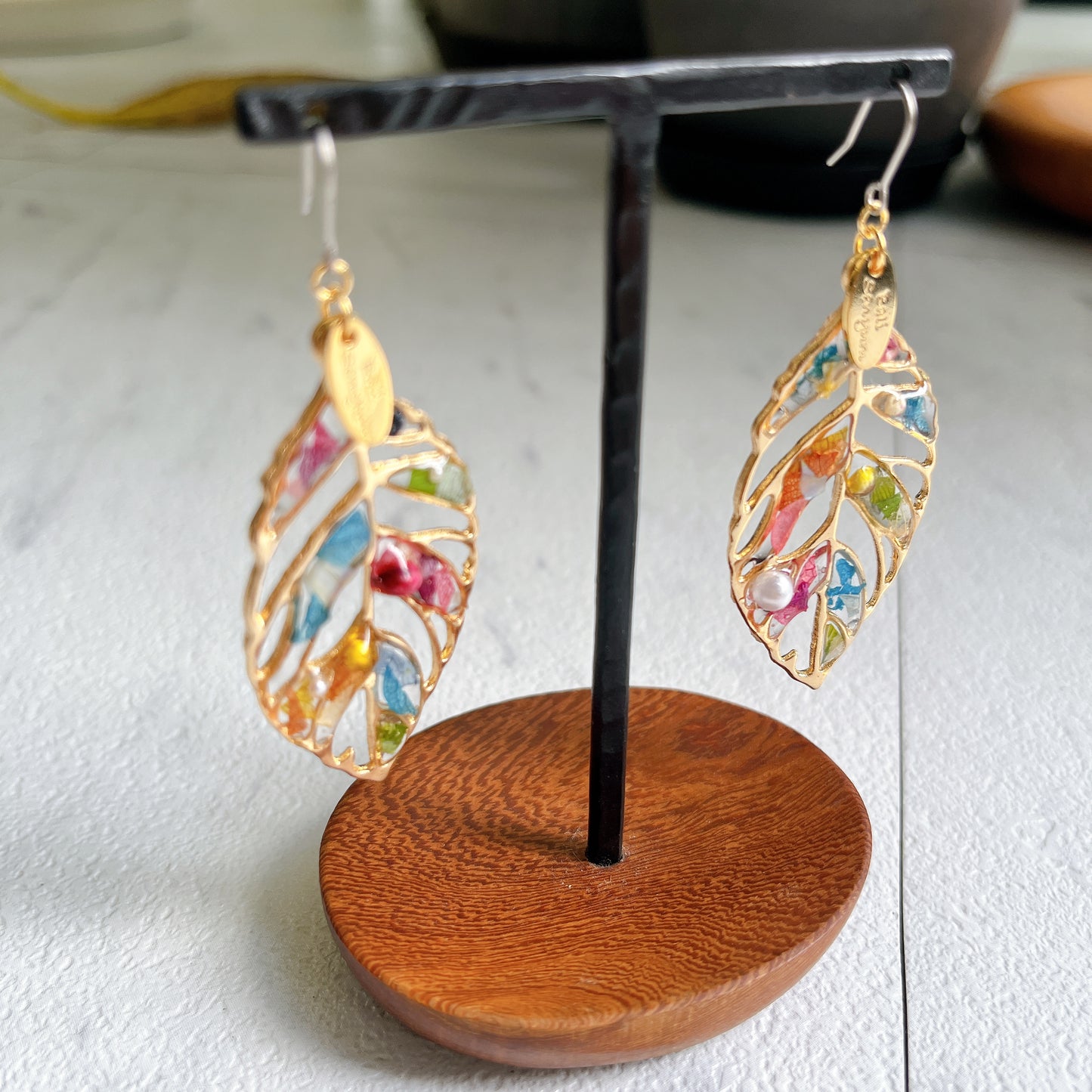 Leaf Earrings With Seasonal Flower Petals