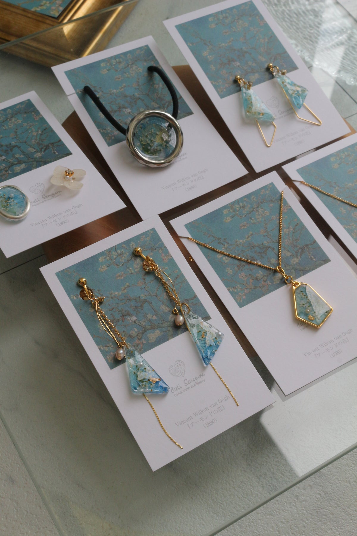 Gogh Almond Tree in Blossom Inspired Triangular Floral Earrings-アーモンドの花