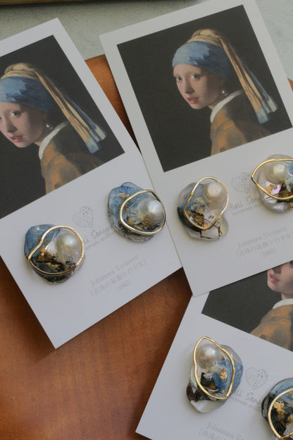 Vermeer's Inspired Flower & Pearl Earrings  No.1 イヤリング Clip-on 真珠の耳飾りの少女